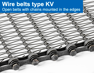 Wire belts type KV. Open belts with chains mounted in the edges