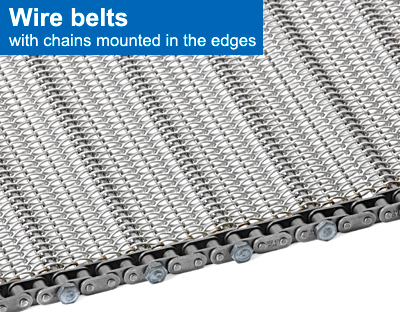 Wire belts with chains mounted in the edges